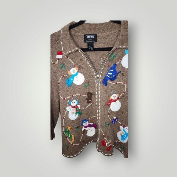 Studio Joy snowman sweater jacket cardigan beaded embroidered size Petite Large - Picture 2 of 9